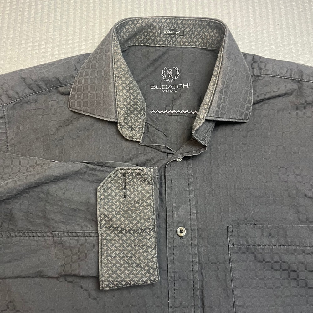 Bugatchi Uomo Mens Dark Gray Textured Dress Shirt Classic Fit XL Cotton